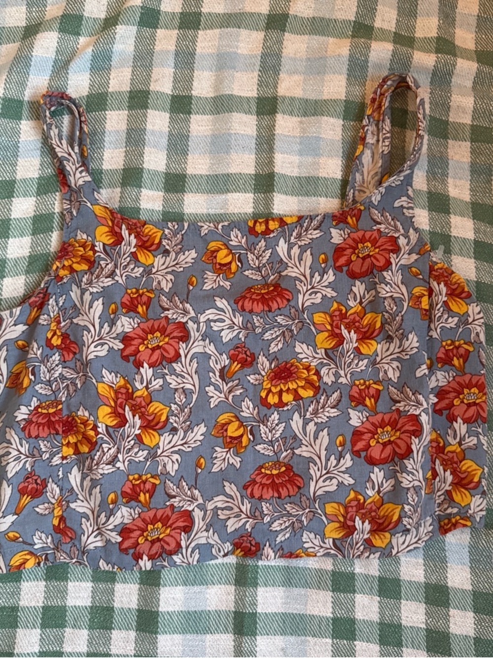 Floral Blue Cropped Cami Top with Red & Yellow Blooms